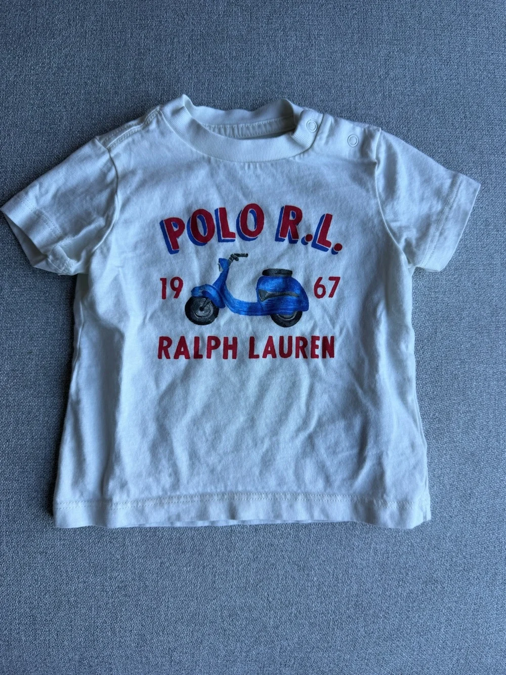 Ralph Lauren White Tee with Blue Scooter and Red Logo